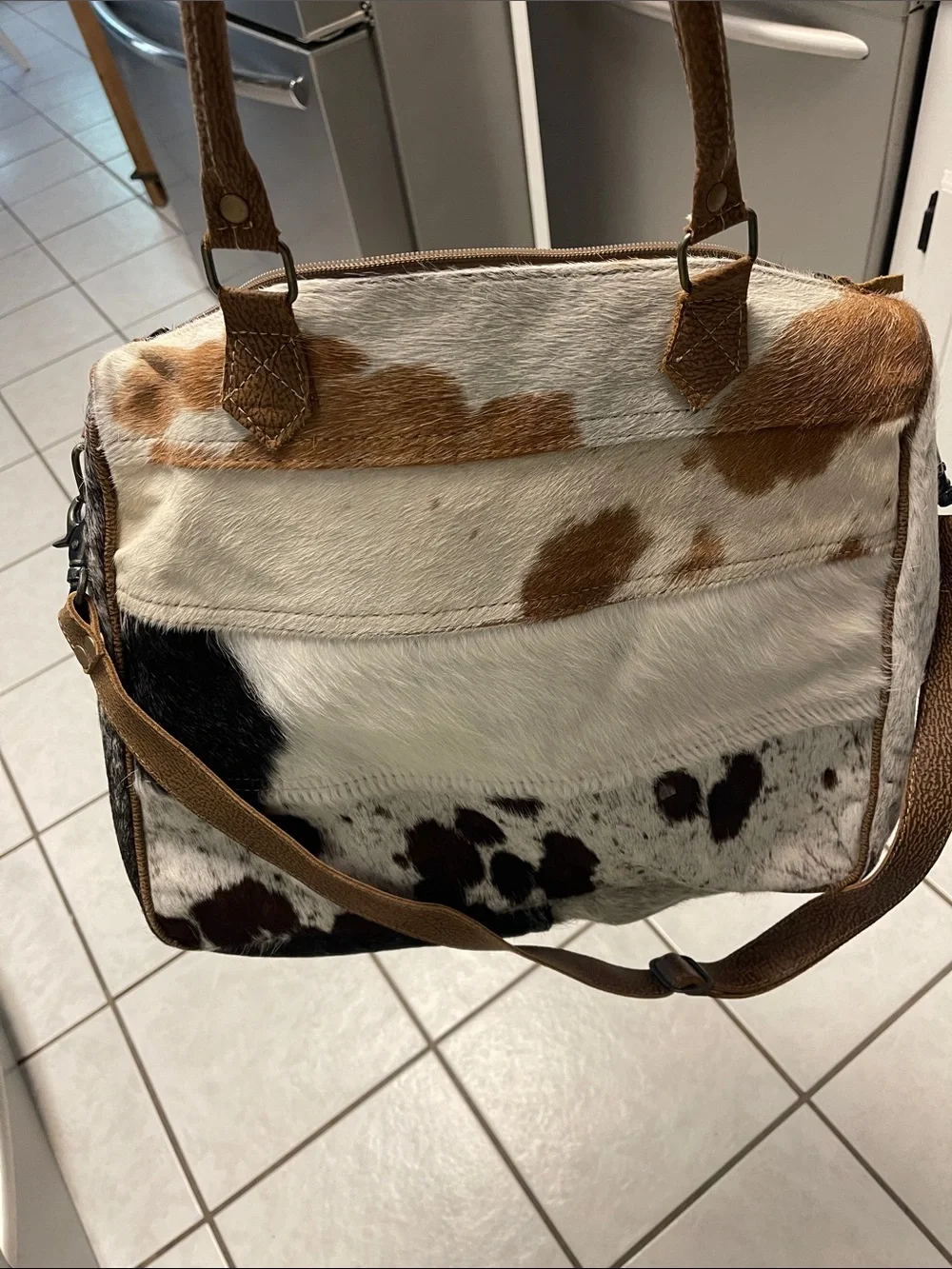 Leather and Haircalf Patchwork laptop Bag in Brown & White